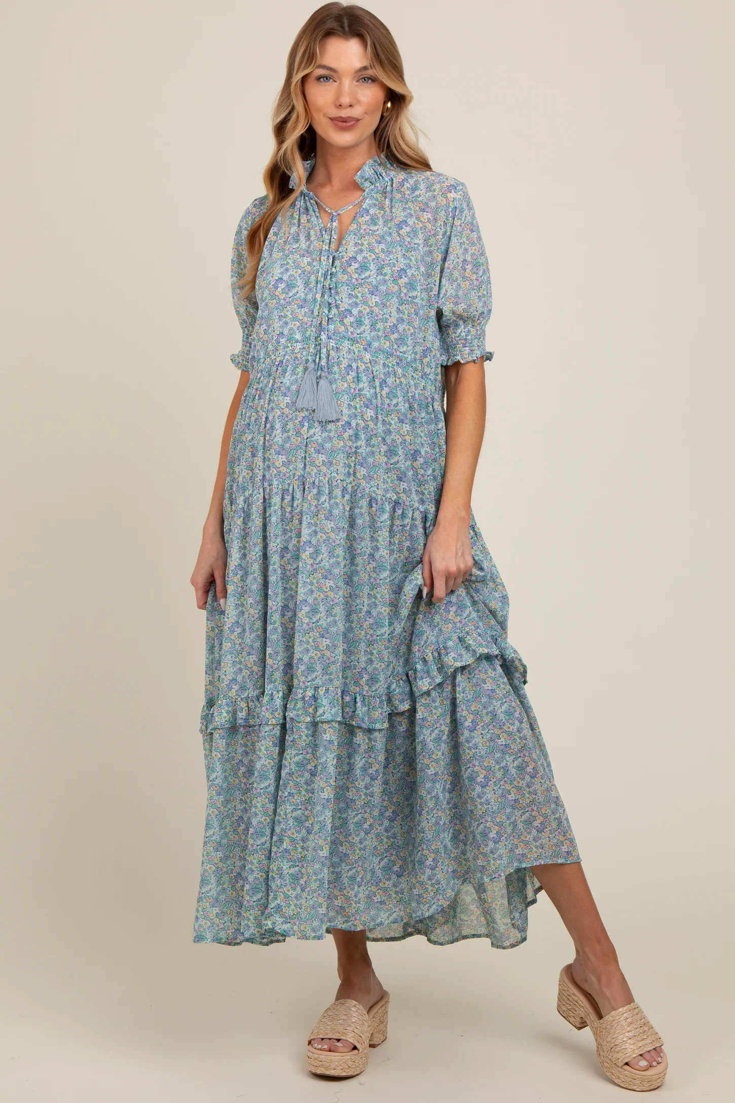 Peach Floral Chiffon Button Front Tiered Maternity Midi Dress | PinkBlush Maternity