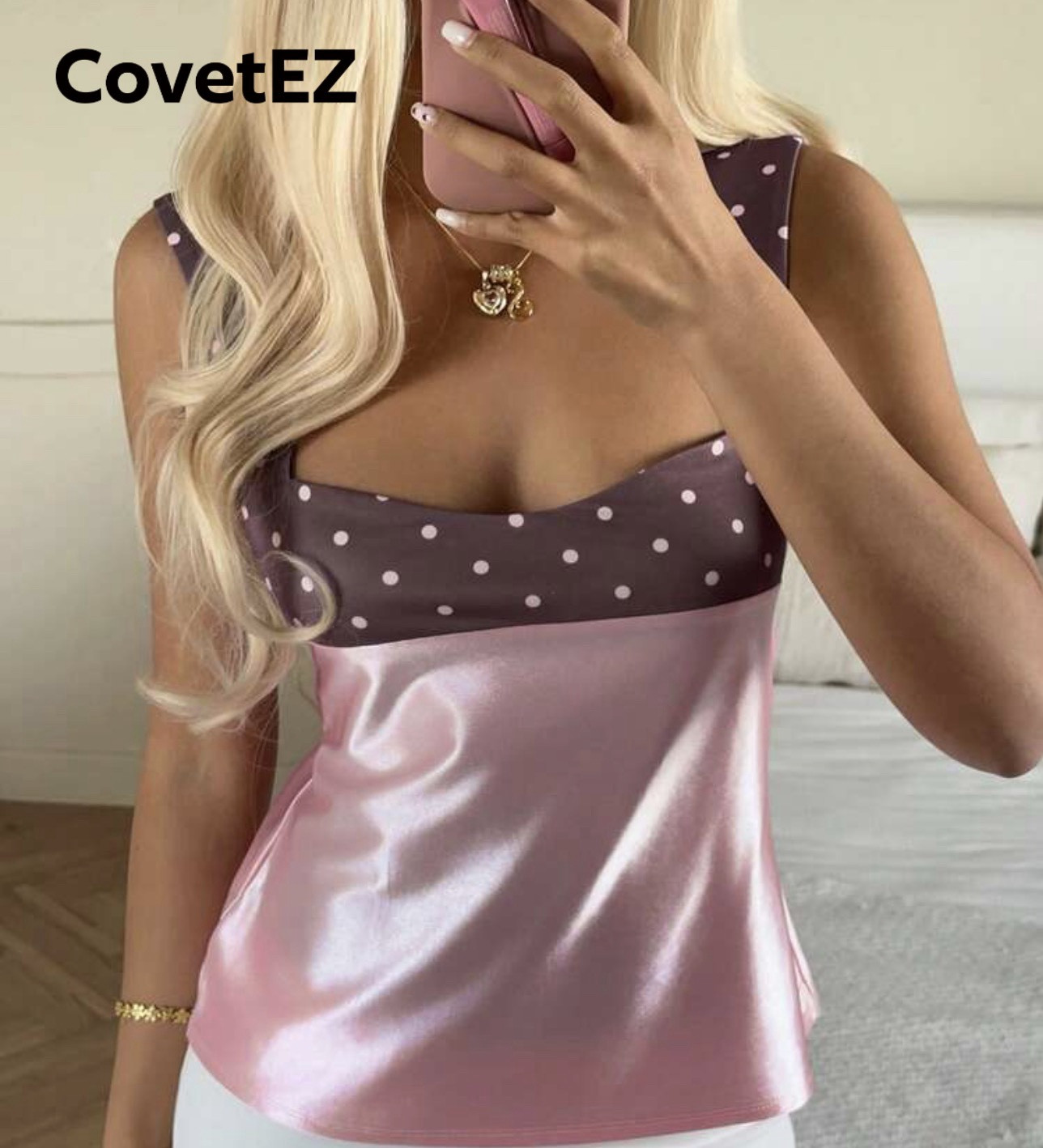 CovetEZ Women's Clothing 2026 New Sweet Casual Party Glossy Satin Pink Polka Dot Color Block Patchwork Back Tie-Up Camisole Top

#LTKU #LTKSaleAlert #LTKFestival