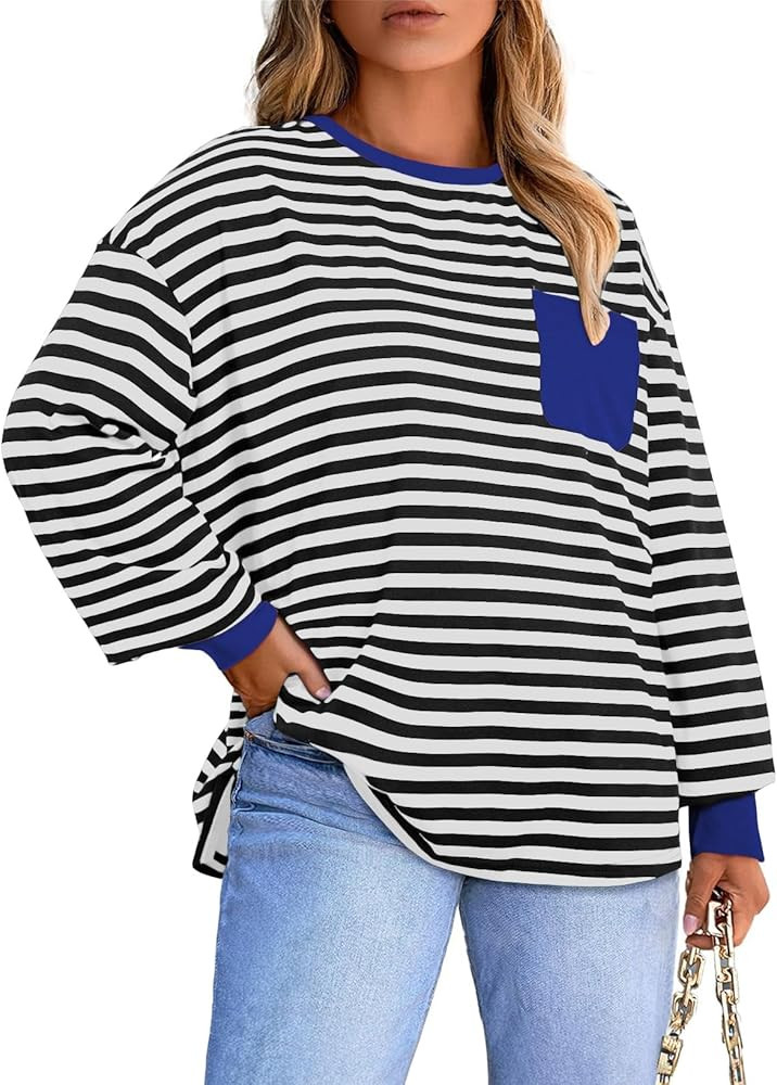 Eytino Women Plus Size Tops Crewneck Long Sleeve Loose Casual Striped Tee Shirts with Pocket(1X-5... | Amazon (US)