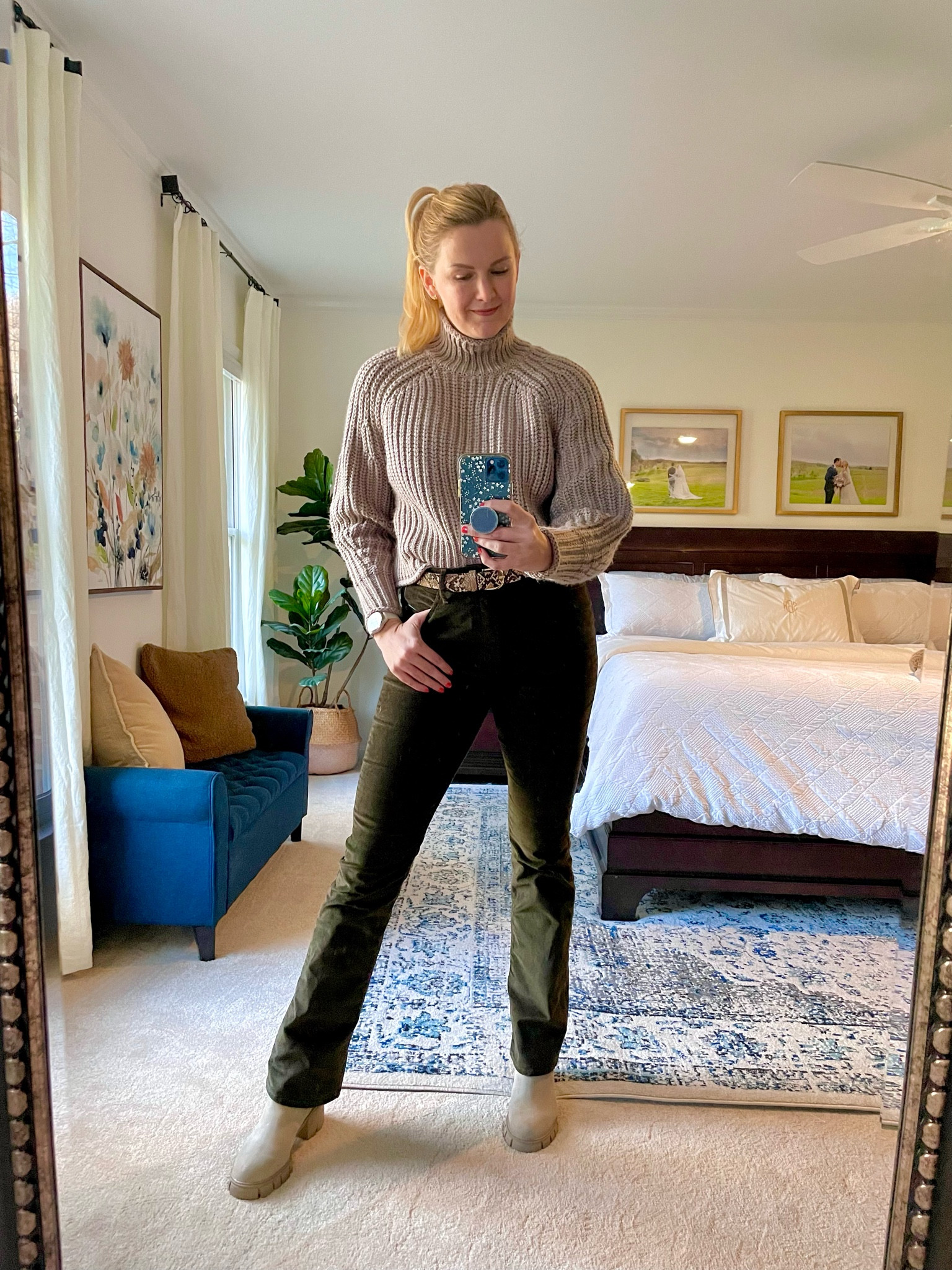 Chunky ribbed sweater in taupe. Comes in lots of colors. I’m in my normal size. Would be a great holiday gift!

High waisted bootcut corduroy in dark olive green. Fit true to size

Snakeskin belt

Taupe lug sole boot

Casual winter outfit idea



#LTKHoliday #LTKSeasonal