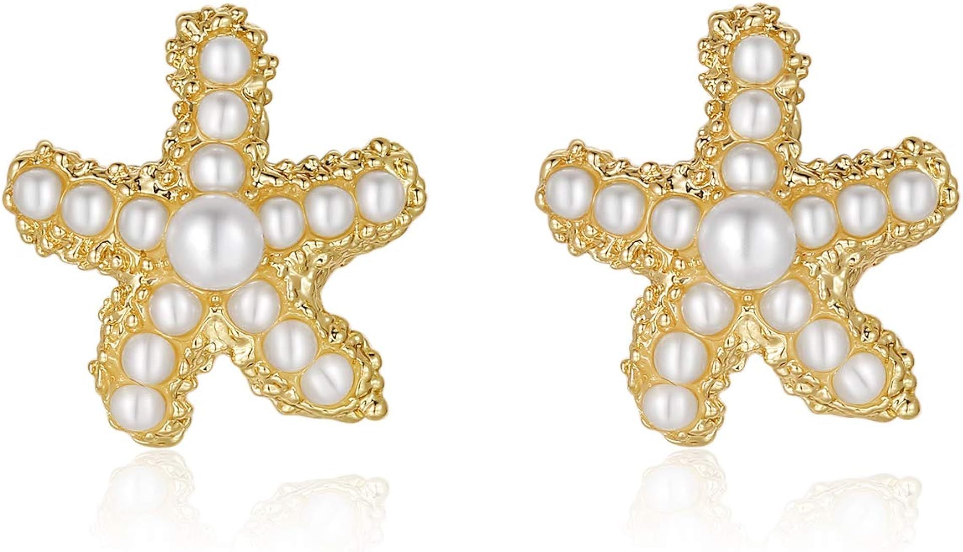 KRUCKEL Coastal Starfish Stud Earrings | Gold Plated Beach Jewelry with Pearl | Hypoallergenic, L... | Amazon (US)