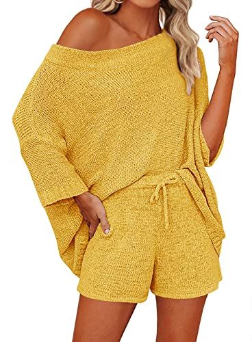 Mafulus Women's 2 Piece Outfits Sweater Sets Off Shoulder Knit Top Shorts Matching Suits Cute Paj... | Amazon (US)