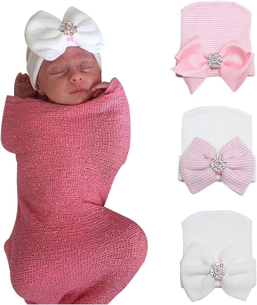 Gellwhu Pink White Blue Newborn Girl Nursery Beanie Hospital Hat with Large Bow | Amazon (US)