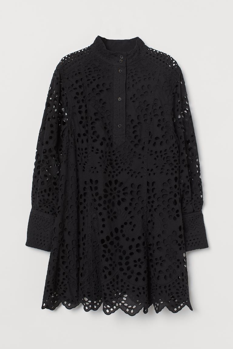 Short dress in eyelet embroidery made from cotton. Stand-up collar, button placket, and gently ta... | H&M (US + CA)