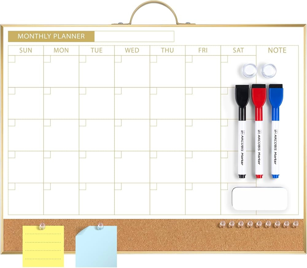 ARCOBIS Dry Erase Calendar with Cork Board for Wall, 12"x16" Double-Sided Calendar Whiteboard & W... | Amazon (US)