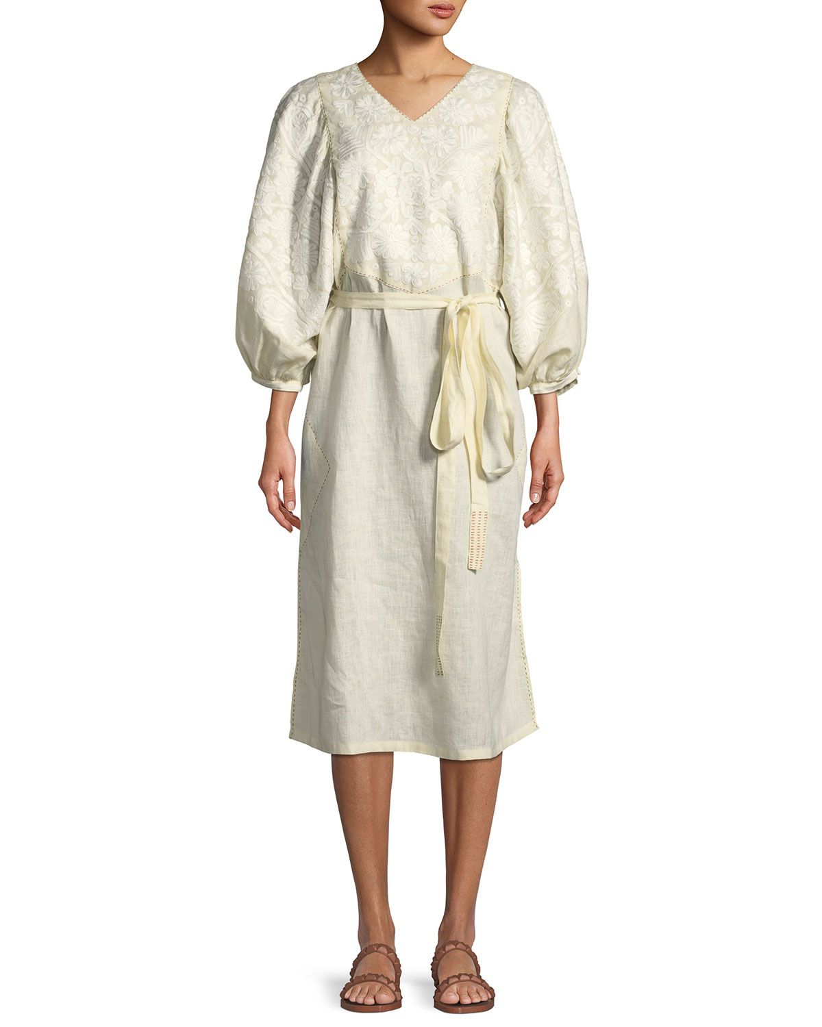 Vita Kin V-Neck Puff-Sleeve Embroidered Linen Midi Dress | Bergdorf Goodman