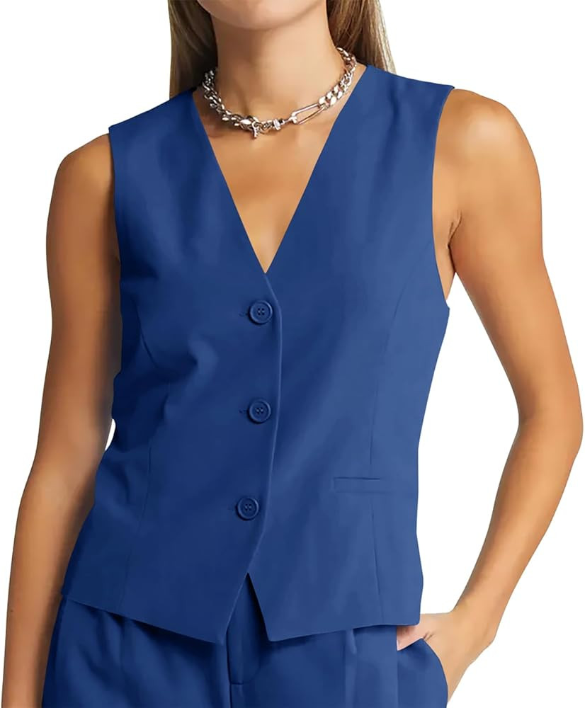 GAMISOTE Women Buttons Vest Crop Vintage Sleeveless V Neck Elastic Chiffon Waistcoat | Amazon (US)