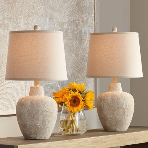 360 Lighting Romeo 23 1/2" High Jar Small Farmhouse Rustic Natural Cottage Coastal Accent Table Lamps Set of 2 Beige Distressed Earth Tone Finish Shade Living Room Bedroom Bedside Nightstand | Amazon (US)