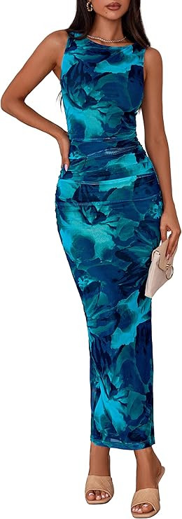 MASCOMODA Womens Bodycon Summer Dresses 2026 Sleeveless Floral Mesh Maxi Dress Side Slit Ruched L... | Amazon (US)