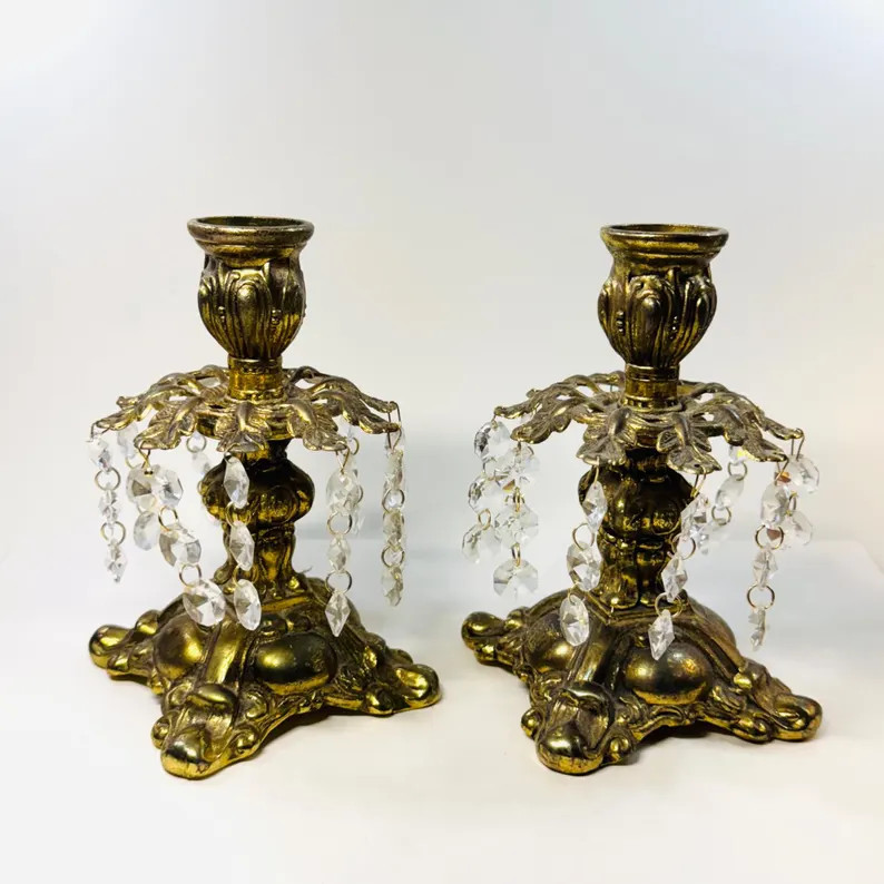 Vintage Pair Hollywood Regency Brass Metal Candlestick Holders - Etsy | Etsy (US)