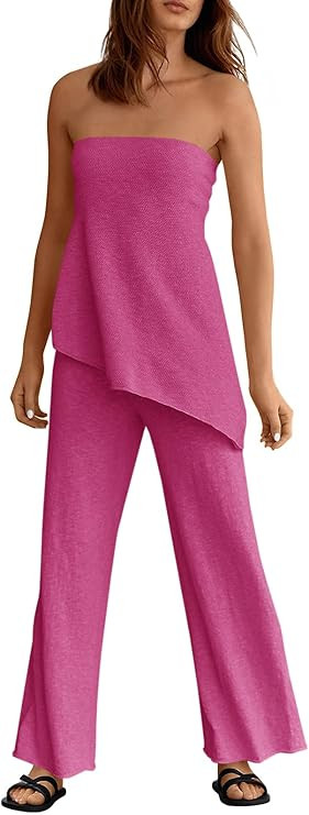 Tankaneo Womens 2 Piece Outfits Asymmetrical Tube Top Wide Leg Pants Knit Vacation Travel 2026 Ma... | Amazon (US)