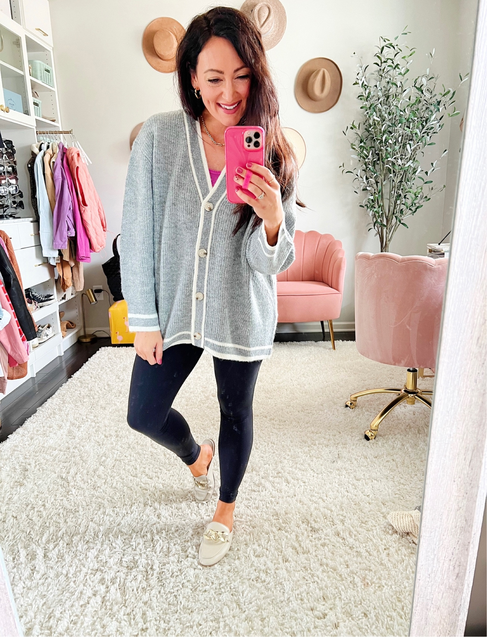 Target cardigan on sale! Super comfy, not itchy & right on trend with the varsity look. True to size but I sized up to a medium for an oversized look with leggings 
• I sized up 1/2 size in mules - BOGO 50% off!