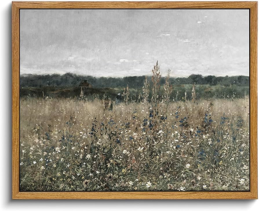 OIQArtOIQ Vintage Framed Wall Art Wildflower Field Meadow Canvas Art Prints Rustic Farmhouse Land... | Amazon (US)