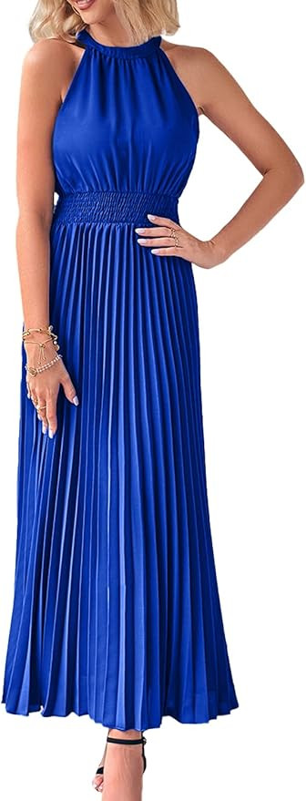 PRETTYGARDEN Women's Long Sun Dresses Sleeveless Halter Neck Flowy Pleated Maxi Cocktail Party Dr... | Amazon (US)