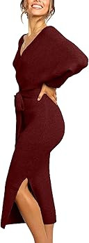 CHERFLY Women's V Neck Sweater Dresses Batwing Long Sleeve Backless Bodycon Dress with Belt | Amazon (US)
