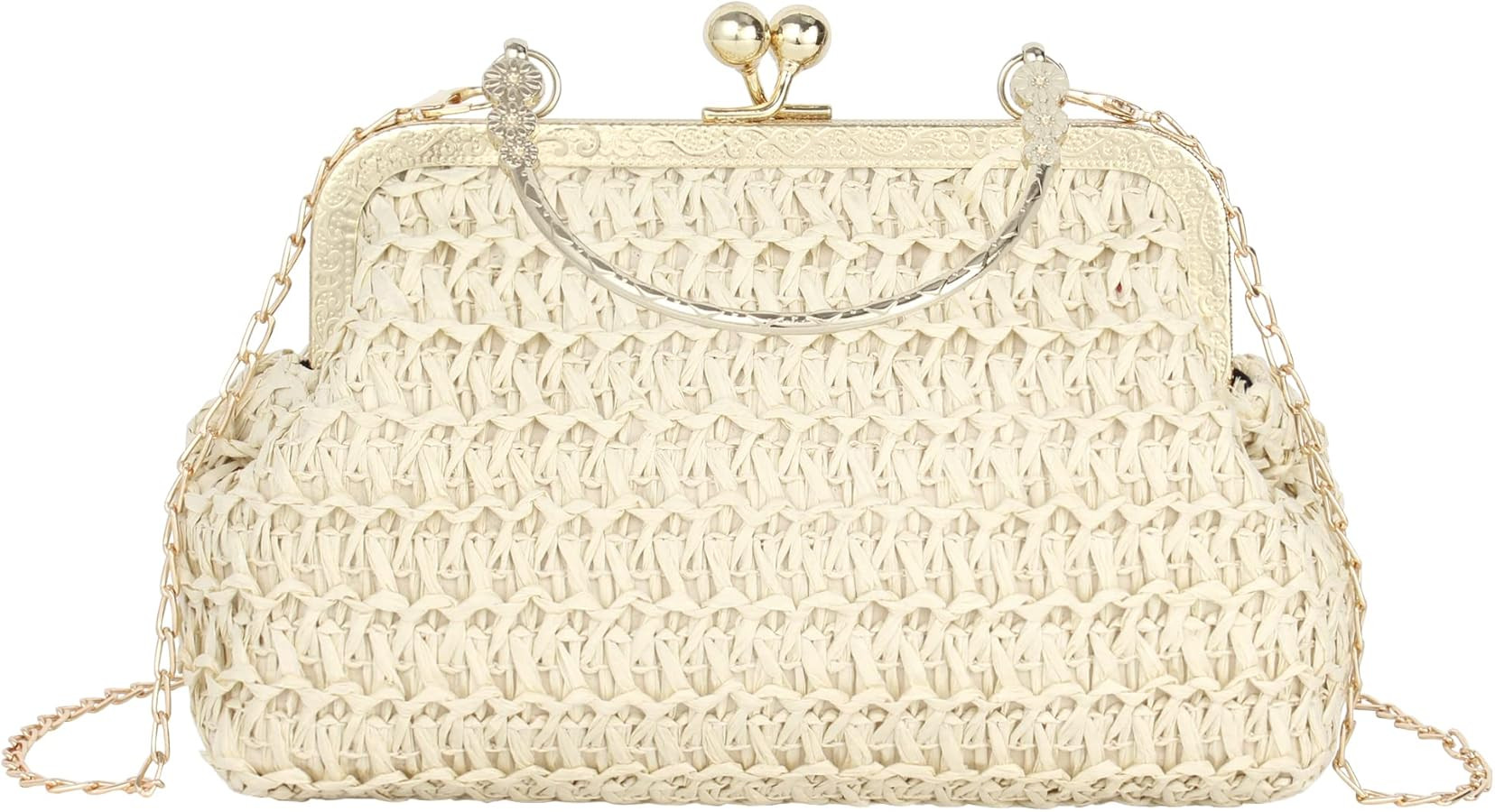 Women Mini Straw Woven Clutch Handbag Metal Top-handle Bag Cross-body Bag with Chain Strap | Amazon (US)