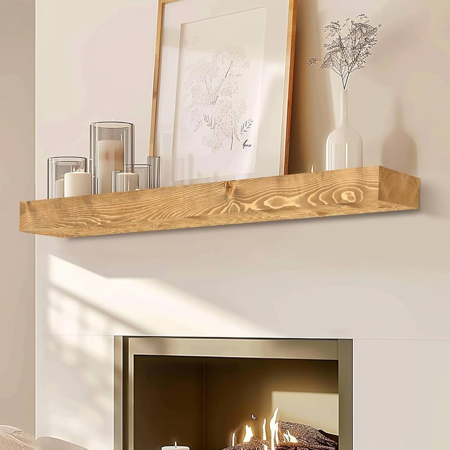 48" Fireplace Mantel, 3'' Thick Handmade Rustic Solid Wood - Wall Long Floating Shelf with Invisi... | Amazon (US)