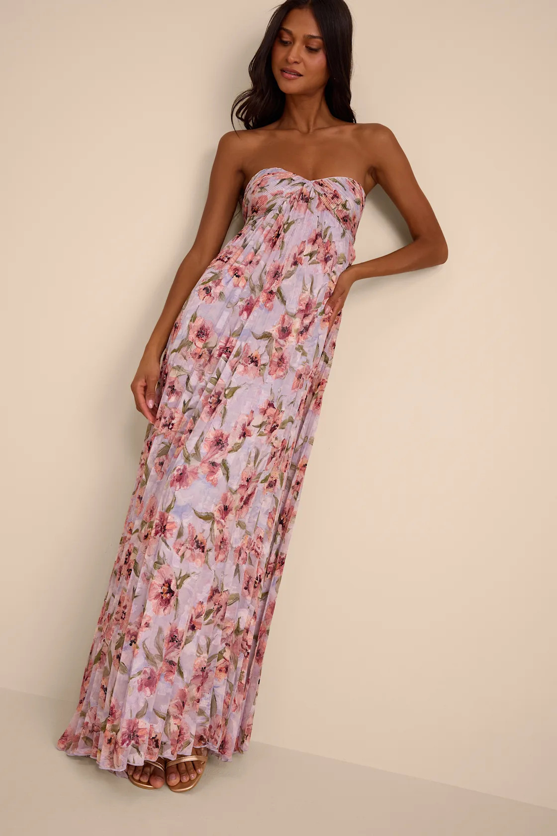 Nola Lavender Floral Pleated Strapless Maxi Dress | Lulus