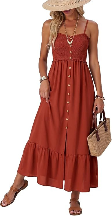 Dokotoo Womens Summer Dresses 2026 Sleeveless Spaghetti Strap Button Down Smocked Beach Vacation ... | Amazon (US)