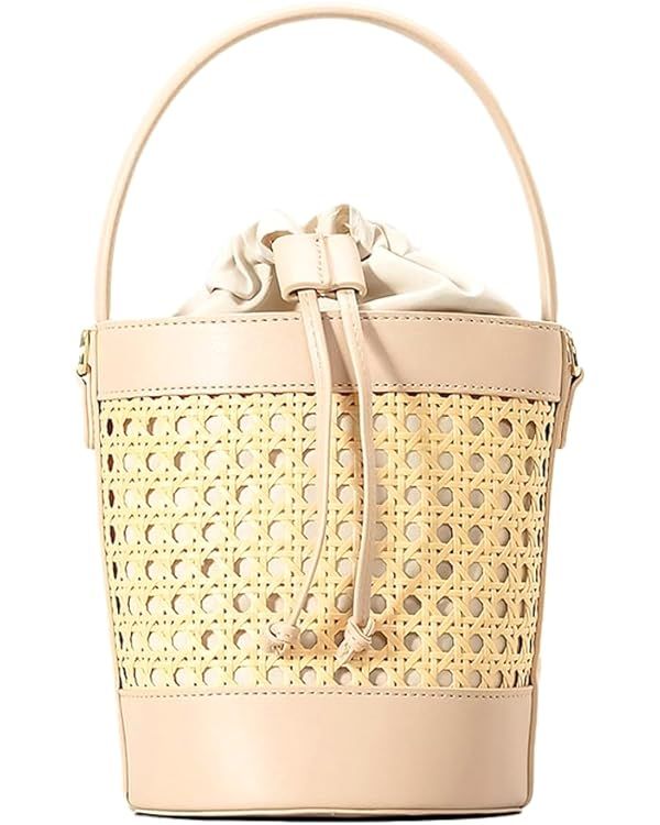 Woven Rattan Bag for Women Perforated PU Leather Bucket Bag Summer Top-handle Drawstring Handbag ... | Amazon (US)