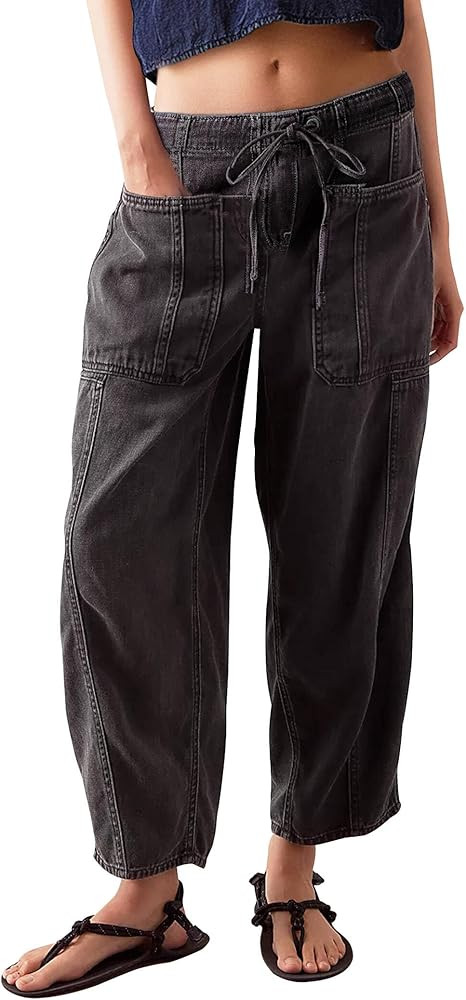 Barrel Jeans for Women Stretch Elastic Waist Pull-on Wide Leg Baggy Pants Lightweight Casual Crop... | Amazon (US)