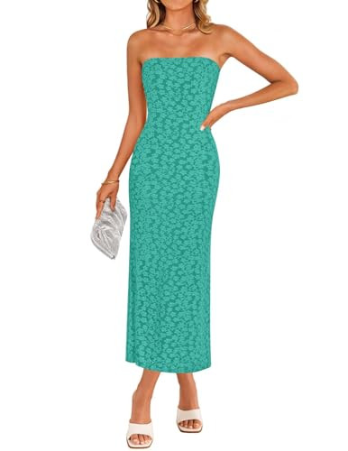 ZESICA Women's 2026 Summer Floral Strapless Bodycon Midi Dress Off Shoulder Tube Beach Wedding Guest Party Long Dresses Peacock X-Large | Amazon (US)