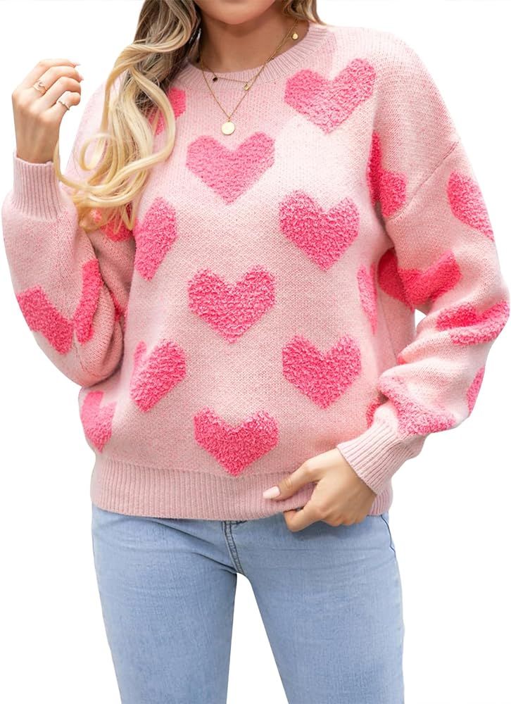 Women Valentines Day Sweater Long Sleeve Embroidery Heart Sweater Oversized Knitted Pullover Jump... | Amazon (US)