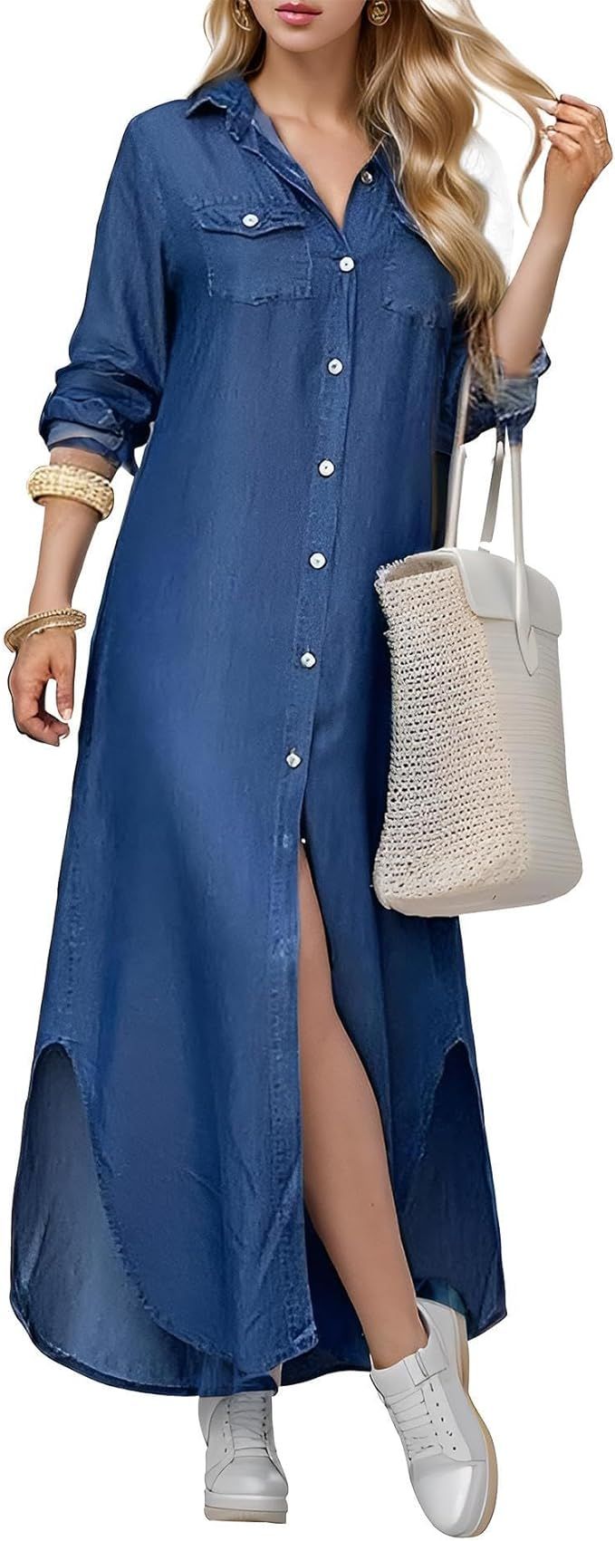 Womens Maxi Dress Casual Button Front Long Sleeves Side Slit Loose Long Denim Dress | Amazon (US)