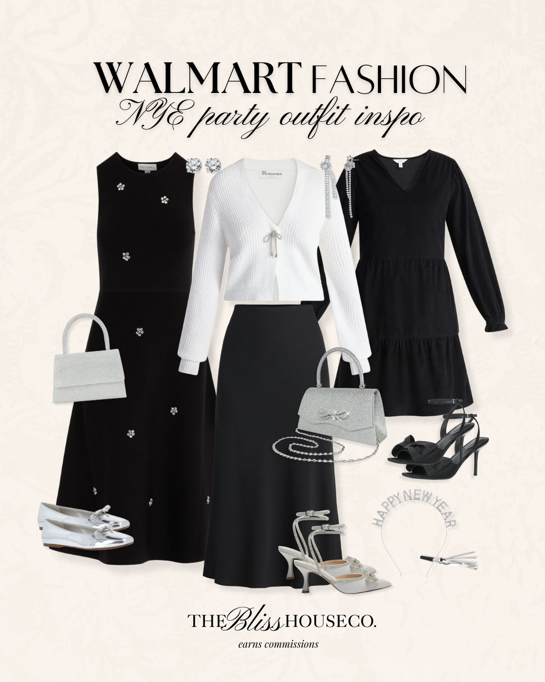 Holiday outfit inspo all from Walmart ✨ New Year's Eve, NYE, black dress, white sweater, embellished, silver heels, silver handbag, bow detail, holiday party, neutral winter fashion, Walmart fashion. 

 #LTKHoliday #LTKootd #LTKFindsUnder50