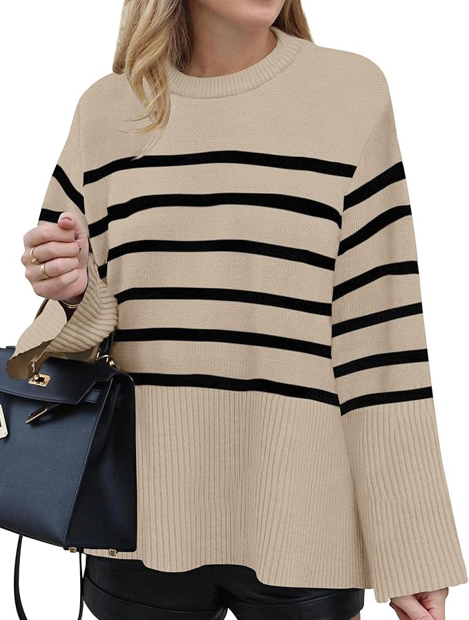 ZESICA Women's 2024 Fall Winter Striped Long Sleeve Crew Neck Ribbed Knit Side Slit Oversized Pul... | Amazon (US)