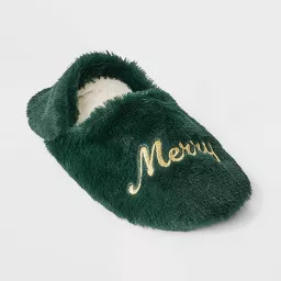 Adult Embroidered 'Merry' Faux Fur Christmas Slipper Socks with Grippers - Wondershop™ Green | Target