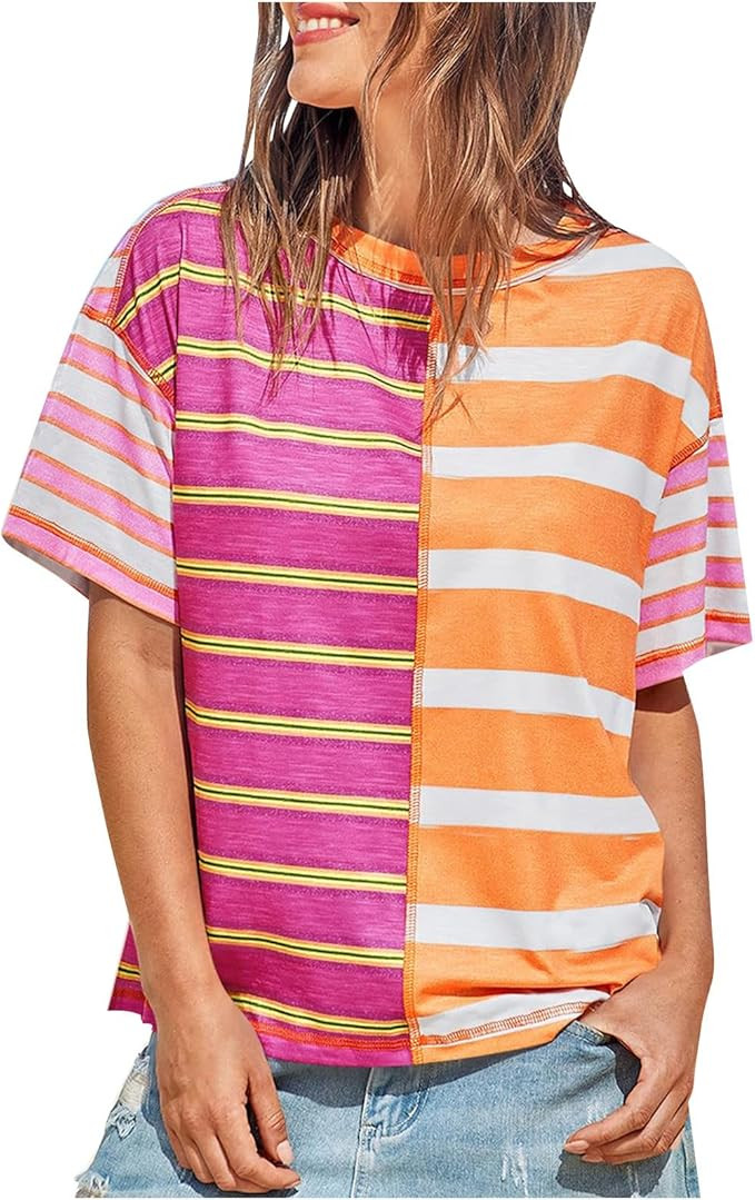 Womens Summer Y2k Striped T Shirts Casual Fashion Color Block Short Sleeve Tops Loose Fit Crewnec... | Amazon (US)