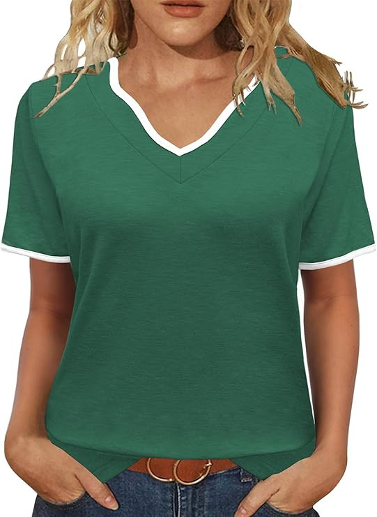 JomeDesign Womens Summer Tops Short Sleeve Color Block V Neck Shirts Loose Fit Casual Blouses | Amazon (US)