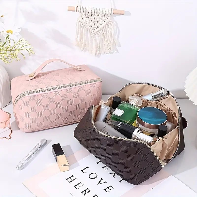 Portable Plaid Pattern Cosmetic Bag, Waterproof Makeup Storage Bag, Travel Accessories Toiletry B... | Temu Affiliate Program