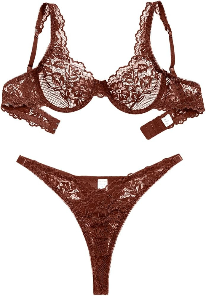 Foxiny Sexy Scallop Floral Lace Mesh Sheer Underwire Lingerie Set 2 Piece | Amazon (US)