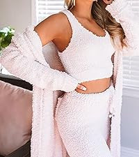 Fixmatti Women's Fuzzy 3 Piece Sweatsuit Open Front Cardigan Crop Tank Tops Wide Legs Pants Loung... | Amazon (US)