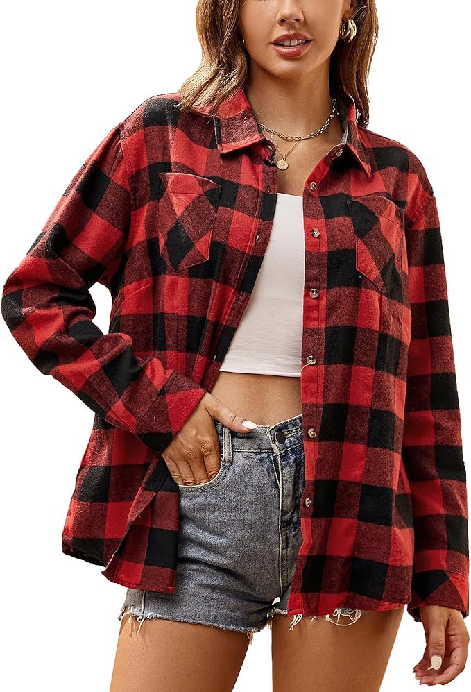 Esabel.C Flannel Shirts for Women Long Sleeve Button Down Plaid Fall Shirt Casual Work Tops | Amazon (US)