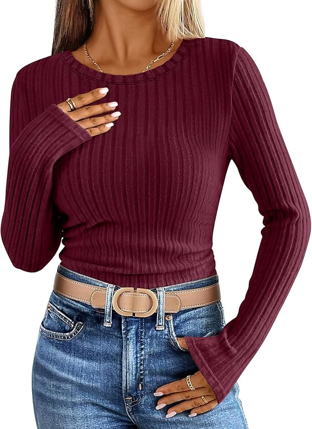 ANRABESS Long Sleeve Shirts for Women Ribbed Knit Tshirt Slim Fit Crewneck Basic Tee Top 2025 Fal... | Amazon (US)