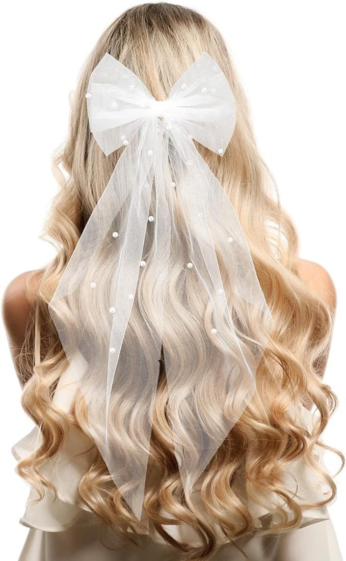 Bridal Hair Bow Veil with Pearl White Wedding Veil with Barrette Short Tulle Hair Accessories for... | Amazon (UK)