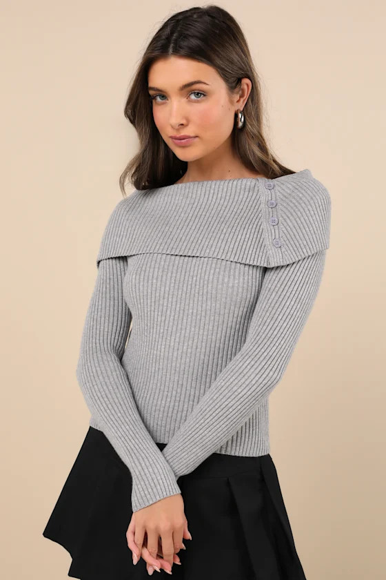 Chic Outcome Heather Grey Ribbed Knit Collared Sweater Top | Lulus