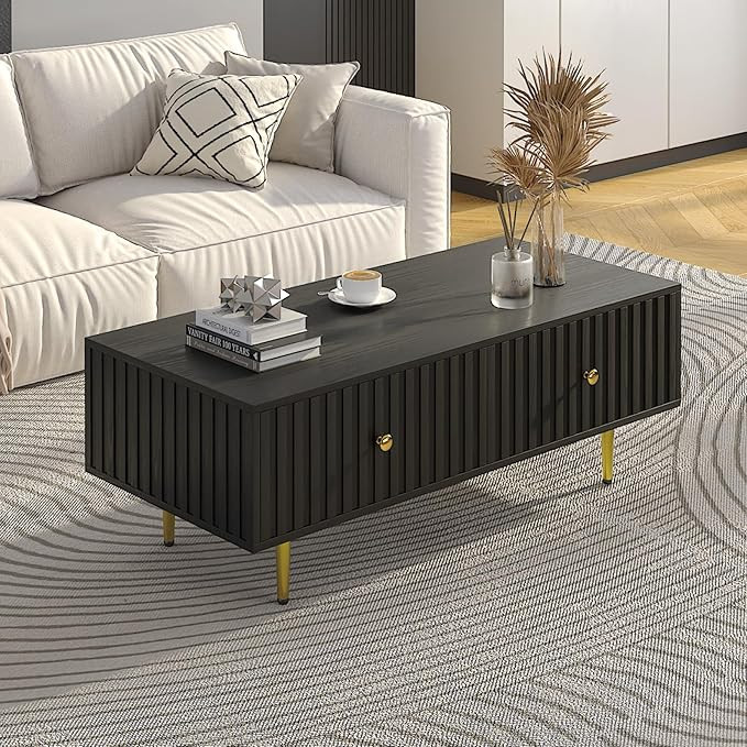 Modern Coffee Table with Storage with 2 Big Drawers, Black Rectangle Coffee Table for Living Room... | Amazon (US)