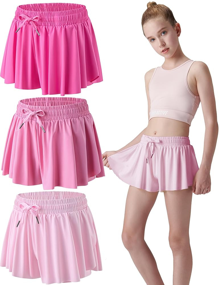 3 Pack Girls Flowy Shorts with Spandex Liner 2-in-1 Youth Butterfly Skirts for Fitness, Running, ... | Amazon (US)