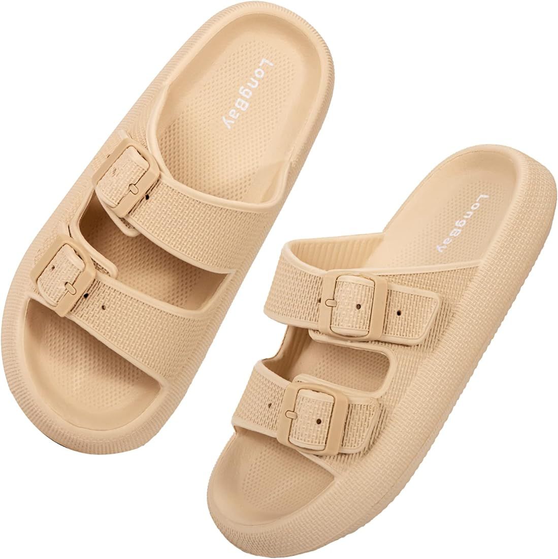 LongBay Women Men Double Buckle Adjustable EVA Slide Slippers Cloud Pillow Sandals | Amazon (US)