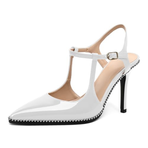 SAMMITOP Women's White Stiletto Heels Slingback Pointed Closed Toe High Heel Pumps Beaded Ankle Strap Wedding Party Patent Leather Dress Shoes 3.5 Inch US Size 8.5 | Amazon (US)
