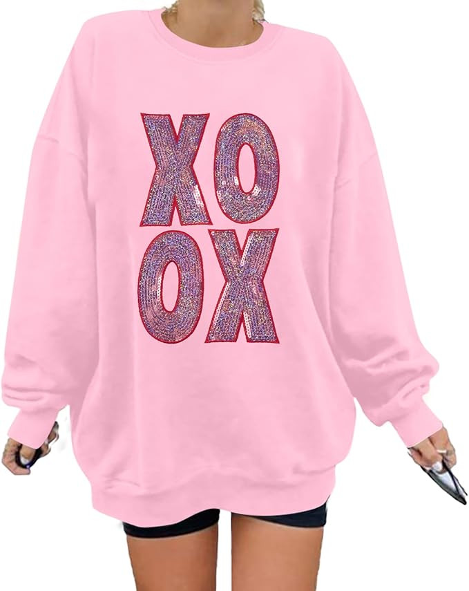 MAXIMGR Valentines Sweatshirts Women Love Sweatshirt - Oversized Embroidered Crewneck Shirt Valen... | Amazon (US)