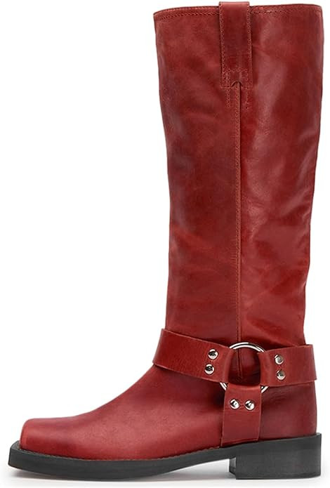 FIFSY Women's Knee High Boots Slip On Riding Boots Buckle Boots for Women Sexy Squared Toe Low Ch... | Amazon (US)