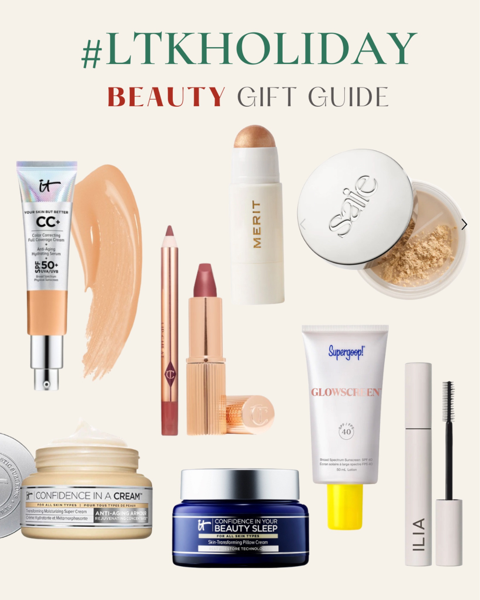 A holiday beauty gift guide including the best Sephora beauty. Merit cream highlight, daily moisturizer for dry skin, nighttime moisturizer for anti aging, pillow talk nude lipstick, setting powder, black lengthening mascara and CC cream with spf. #beauty #cosmetics #sephora #giftguide #makeup

#LTKHoliday #LTKbeauty #LTKGiftGuide