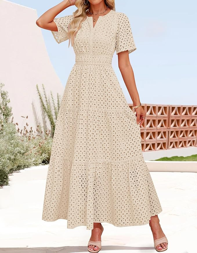 ZESICA Women's 2025 Summer Short Sleeve Maxi Dress Casual V Neck Hollow Out Eyelet Ruffle Swing A... | Amazon (US)