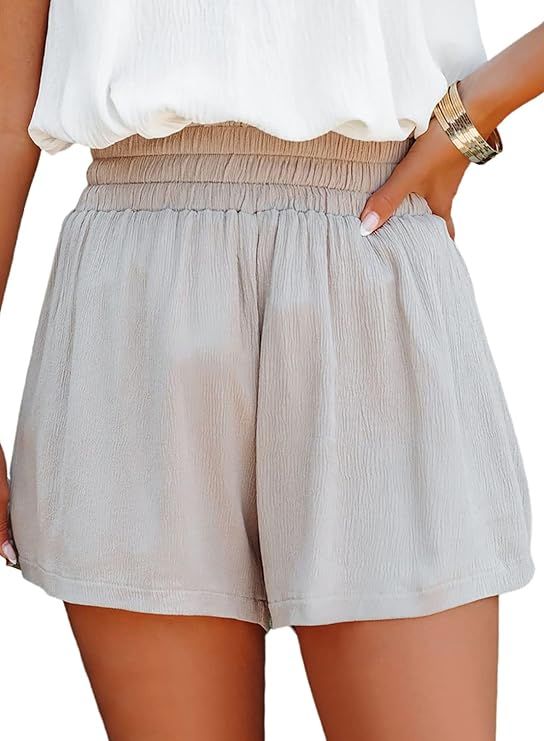 Dokotoo Womens 2022 Casual Summer Ruffle Elastic High Waisted Smocked Shorts Pants | Amazon (US)