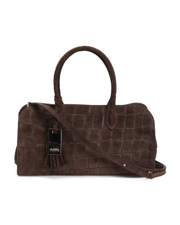 Made In Italy Suede East West Crocodile Embossed Satchel And Metal Tag | TJ Maxx